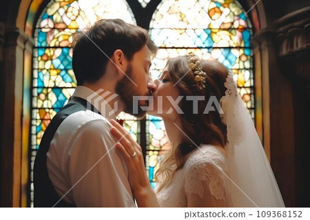 A white couple kissing their vows in front of stained glass, AI generated 109368152