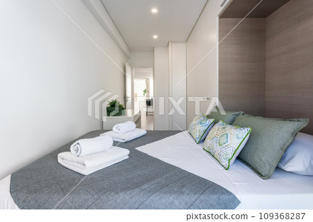 Double bed in the bright bedroom room interior furnishing furniture. Compact folding bed built into the wall. Double bed in the bright bedroom room interior furnishing furniture. Compact folding bed built into the wall. 109368287