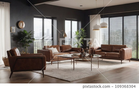 Minimalistic Scandinavian design of a cozy house with a fireplace. Bright interior with wood elements. 109368304