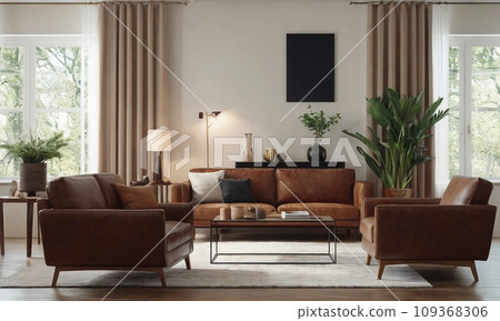 Minimalistic Scandinavian design of a cozy house with a fireplace. Bright interior with wood elements. 109368306