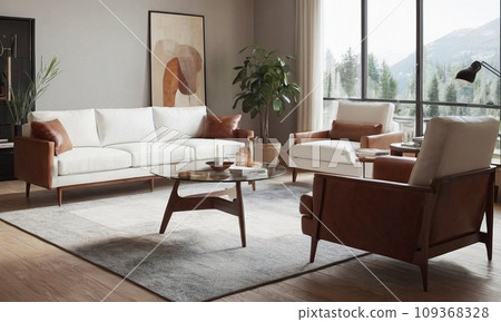 Minimalistic Scandinavian design of a cozy house with a fireplace. Bright interior with wood elements. 109368328