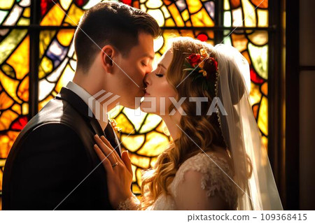 人工智慧生成的一對白人夫婦在彩色玻璃前親吻誓言 人工智慧生成的一對白人夫婦在彩色玻璃前親吻誓言 109368415