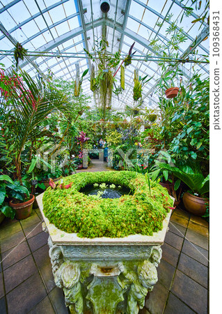 Wide view of water fountain with greenhouse full of plants 109368431