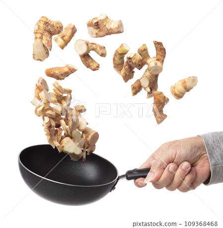 Galangal fall fly in pan, fresh vegetable spice galangal falling. Organic fresh herbal galangal root head cut chop slice, close up texture. White background isolated freeze motion high speed shutter 109368468