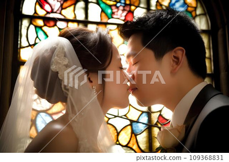 人工智慧生成的一對夫婦在彩色玻璃前親吻誓言 109368831