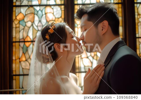 人工智慧生成的一對夫婦在彩色玻璃前親吻誓言 109368840