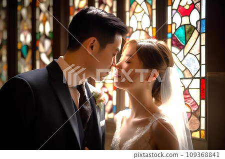 A couple kissing their vows in front of stained glass, AI generated A couple kissing their vows in front of stained glass, AI generated 109368841
