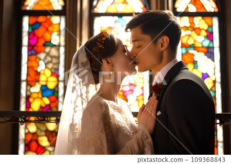 人工智慧生成的一對夫婦在彩色玻璃前親吻誓言 人工智慧生成的一對夫婦在彩色玻璃前親吻誓言 109368843