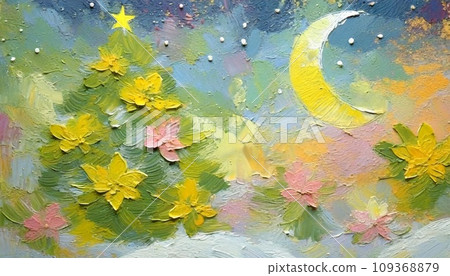 夜空中的聖誕樹一品紅油畫插畫 109368879