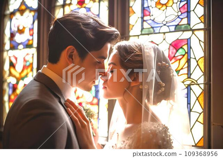 A couple kissing their vows in front of stained glass, AI generated 109368956