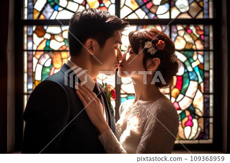 A couple kissing their vows in front of stained glass, AI generated 109368959