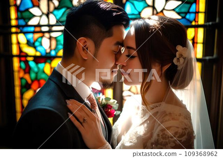 人工智慧生成的一對夫婦在彩色玻璃前親吻誓言 109368962