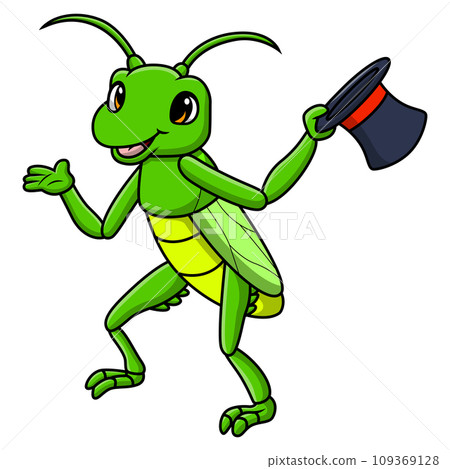 Cute grasshopper cartoon holding hat 109369128