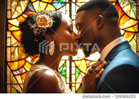 A black couple kissing their vows in front of stained glass, AI generated 109369205