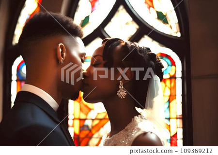 A black couple kissing their vows in front of stained glass, AI generated 109369212