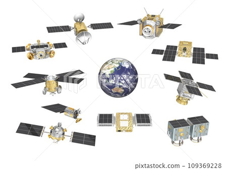 10 artificial satellites, scientific satellites, observation satellites, communication satellites, etc. and the Earth on white background (3DCG image) 109369228