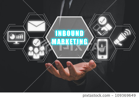 Inbound marketing concept, Businessman hand holding inbound marketing icon on virtual screen, Web Pages, Social, Call to Action, Attracting potential customers. Inbound marketing concept, Businessman hand holding inbound marketing icon on virtual screen, Web Pages, Social, Call to Action, Attracting potential customers. 109369649
