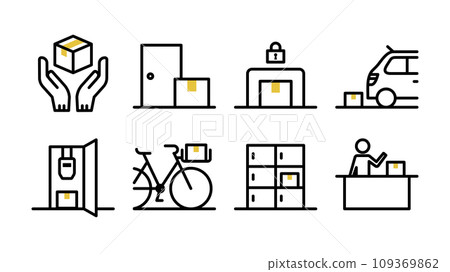 送貨圖示集可變線寬入口、送貨箱、汽車遮陽簾、瓦斯表箱、自行車籃、接待處 109369862