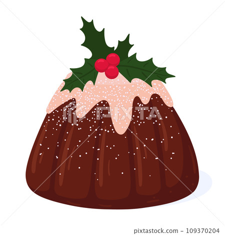 Christmas sweet dessert. Traditional xmas dinner cake with vanilla icing, delicious baking cake. Winter holidays festive meal flat vector illustration 109370204