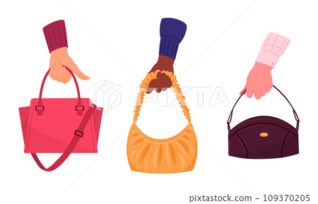 Hands holding bags. Fashionable leather bags in human hands, female palm holding casual baguette bags flat vector illustration set 109370205