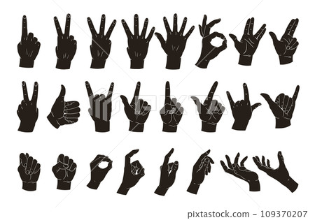 Hands silhouettes. Cartoon hand gestures, peace, okay and call position. Human hand gestures flat vector illustration set. Gesture silhouette collection 109370207