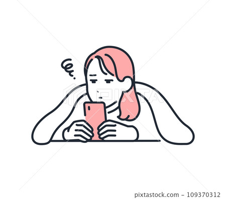 A simple vector illustration of a young woman looking at a smartphone in a futon 109370312