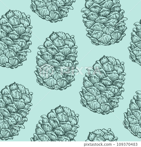 Seamless pattern with cedar pine cone drawing in enagraving style. Hand drawn vector illustration. 109370483