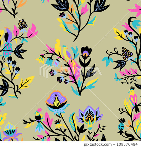 Ornamental floral pattern with stylized ornate floral elements and fantasy birds. Vector illustration 109370484