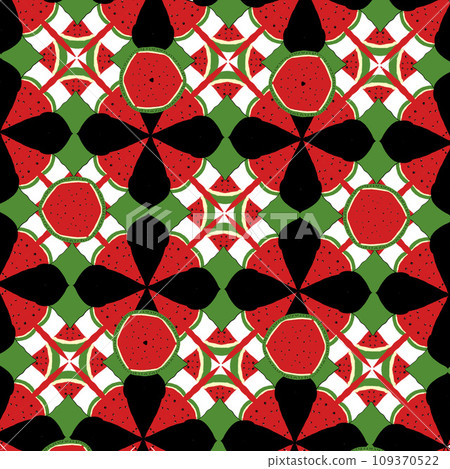 A vibrant mosaic of watermelon slices in various sizes and orientations, set against a cool green and white striped background A vibrant mosaic of watermelon slices in various sizes and orientations, set against a cool green and white striped background 109370522