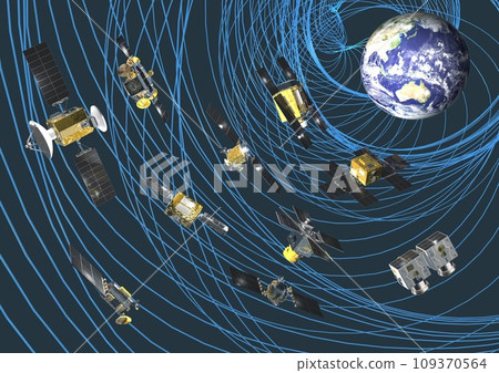 日本和世界繞地球運行的人造衛星和軌道(3DCG 圖像) 日本和世界繞地球運行的人造衛星和軌道(3DCG 圖像) 109370564