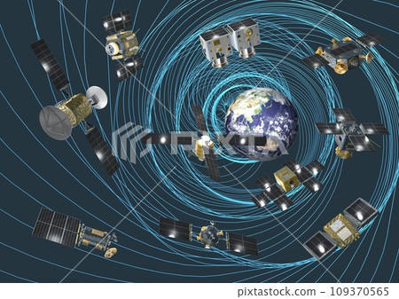 日本和世界繞地球運行的人造衛星和軌道（3DCG 圖像） 109370565