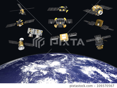 10顆人造衛星、科學衛星、觀測衛星、通訊衛星等與地球（3DCG影像） 109370567