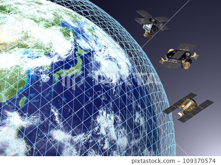 Orbits of artificial satellites in Japan and around the world orbiting the earth (3DCG image) 109370574