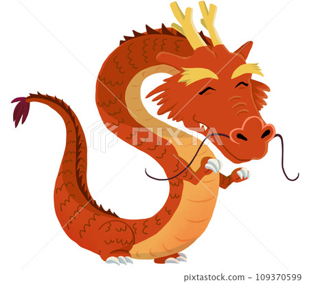 Full-body illustration of a sideways dragon smiling happily Full-body illustration of a sideways dragon smiling happily 109370599