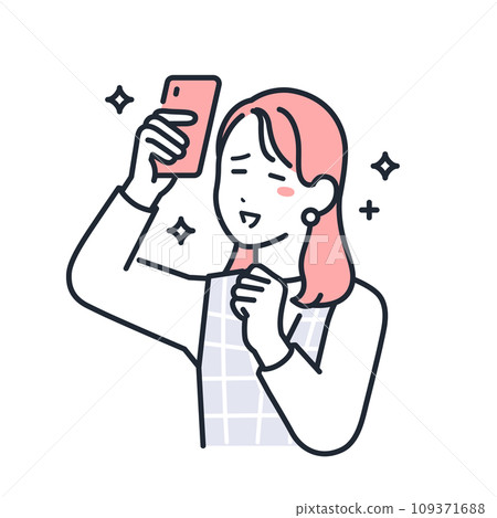 A simple vector illustration of a stylish young woman who is happy holding up her smartphone. 109371688