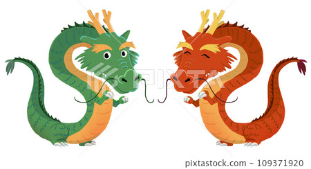 Full-body illustration of two dragons facing each other and smiling at you Full-body illustration of two dragons facing each other and smiling at you 109371920