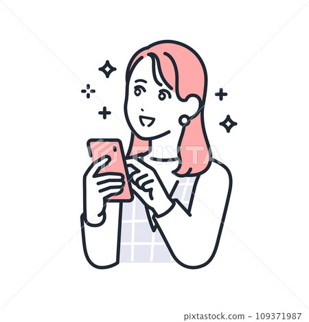 一個拿著智慧型手機並期待它的時尚年輕女子的簡單向量插圖。 109371987