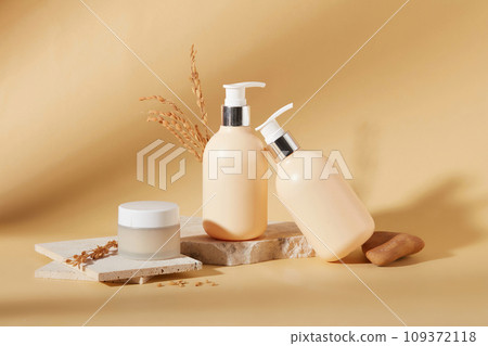 Cosmetic mockups placed on podiums on a beige background for advertising. Rice bran extract - safe and benign on the skin. Copy space. Natural cosmetics. Cosmetic mockups placed on podiums on a beige background for advertising. Rice bran extract - safe and benign on the skin. Copy space. Natural cosmetics. 109372118