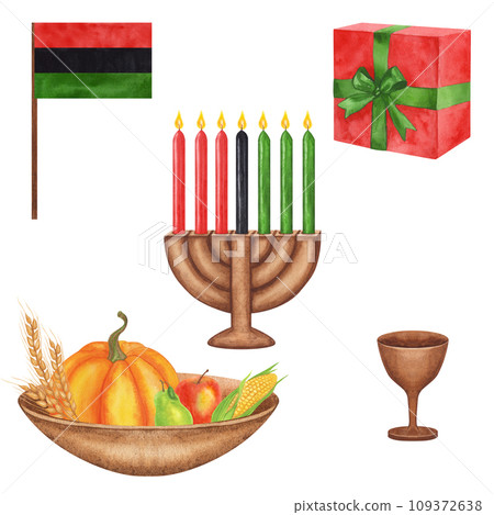 Kwanzaa set of elements. African-American holiday. Kinara, seven burning candles, red black green map cup drum gift harvest. Hand drawn watercolor illustration isolated background. Kwanzaa set of elements. African-American holiday. Kinara, seven burning candles, red black green map cup drum gift harvest. Hand drawn watercolor illustration isolated background. 109372638