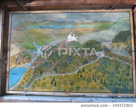 Neuschwanstein Castle is a 19th century historicist palace on a rugged hill above the village of Hohenschwangau near Fussen in southwest Bavaria, Germany. Neuschwanstein Castle is a 19th century historicist palace on a rugged hill above the village of Hohenschwangau near Fussen in southwest Bavaria, Germany. 109372803