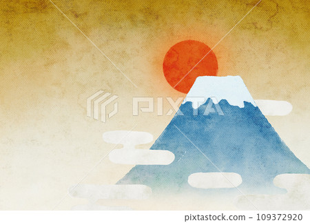Watercolor illustration of the sun rising over Mt. Fuji, perfect for New Year's cards, New Year, New Year, Happy New Year, Japanese pattern, Japan 109372920
