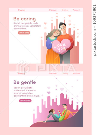Lovely couple hold big heart and hug each other. Love and relationship concept. Wedding invitation card. Vector web site design template. Landing page website illustration Lovely couple hold big heart and hug each other. Love and relationship concept. Wedding invitation card. Vector web site design template. Landing page website illustration 109373901
