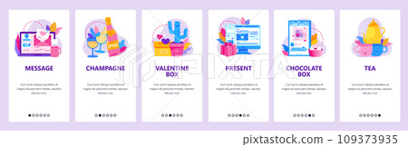 Love message and romantic dinner. Valentine day gift, online love chat on a phone. Mobile app onboarding screens. Vector banner template for website mobile development. Web site design illustration Love message and romantic dinner. Valentine day gift, online love chat on a phone. Mobile app onboarding screens. Vector banner template for website mobile development. Web site design illustration 109373935