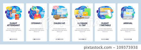 Air travel icons, flight attendant, timetable, arrival, luggage, security. Mobile app onboarding screens. Menu vector banner template for website and mobile development. Web site design illustration 109373938