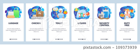 Airport terminal icons, baggage belt, liquids, security control, duty free. Mobile app onboarding screens. Menu vector banner template for website and mobile development. Web site design illustration Airport terminal icons, baggage belt, liquids, security control, duty free. Mobile app onboarding screens. Menu vector banner template for website and mobile development. Web site design illustration 109373939