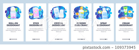 Different types of deodorant, stick, cream, spray, body care cosmetics. Mobile app onboarding screens. Menu vector banner template for website and mobile development. Web site design flat illustration 109373945