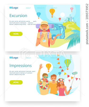 Summer vacation and travel. Happy tourists take selfie. Tour guide. Vector web site design template. Landing page website concept illustration. 109373952