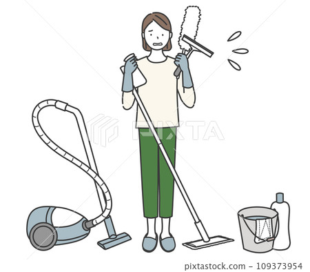 一個有很多清潔工具和一張困擾的臉的女人 109373954