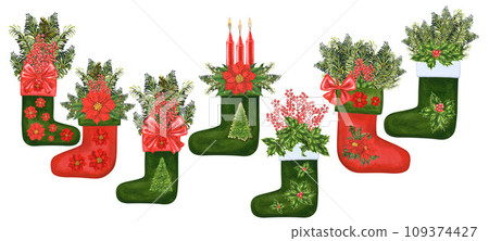 Watercolor Christmas red and green stockings for gifts with winter design of red poinsettia, holly and Christmas tree for invitations, post cards, posters, frames and banners for Christmas, New Year Watercolor Christmas red and green stockings for gifts with winter design of red poinsettia, holly and Christmas tree for invitations, post cards, posters, frames and banners for Christmas, New Year 109374427
