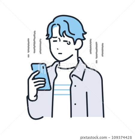 Simple vector illustration of a young man in casual clothes crying looking at his smartphone 109374428